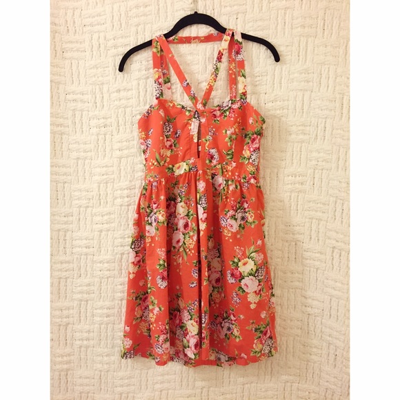LF Strappy Floral Orange Mini Dress Strappy Medium - Picture 1 of 3